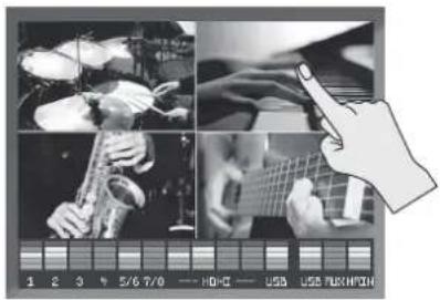 Screenshot of a music recording or recording software interface showing four black-and-white photos of different instruments and a hand pointing to the right.
