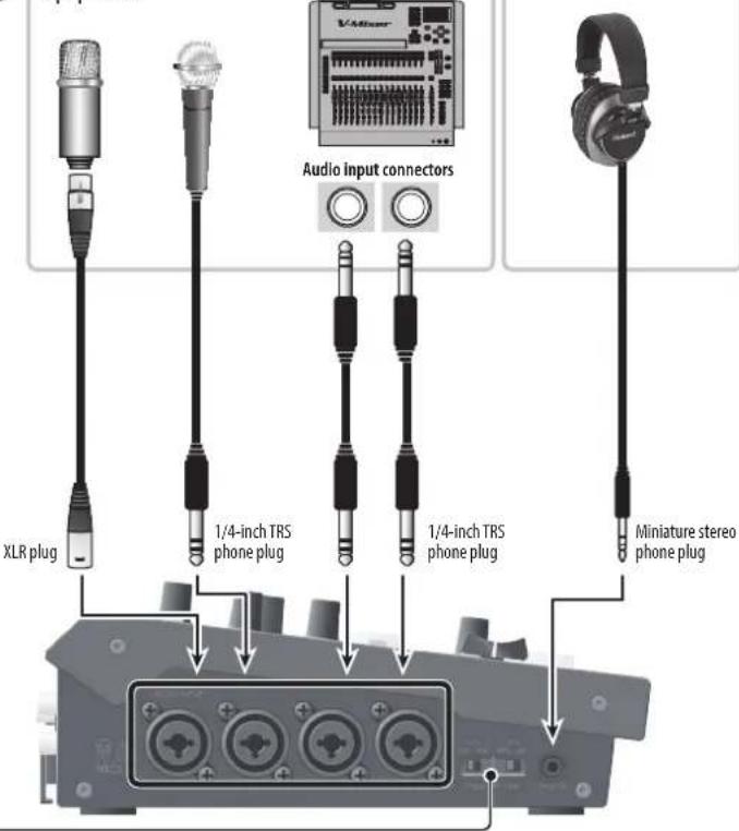 Audio input connectors XLR plug 1/4-inch TRS phone plug 1/4-inch TRS phone plug Miniature stereo phone plug