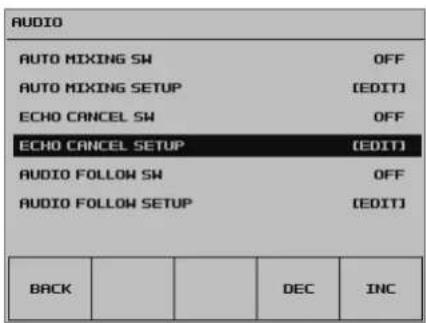 AUDIO AUTO MIXING SW OFF AUTO MIXING SETUP [EDIT] ECHO CANCEL SW OFF ECHO CANCEL SETUP [EDIT] AUDIO FOLLOW SW OFF AUDIO FOLLOW SETUP [EDIT] BACK DEC INC