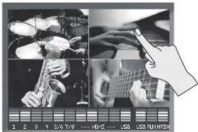 Screenshot of a music recording interface showing four black-and-white photos of piano, guitar, keyboard, and hand gesture with playback controls.