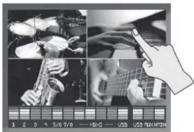 Screenshot of a music recording or editing software interface showing six black-and-white panels with musical instruments and a hand pointing to the right.