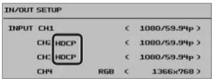 IN/OUT SETUP INPUT CH1 ( 1080/59.94p ) CH2 HDCP ( 1080/59.94p ) CH3 HDCP ( 1080/59.94p ) CH4 RGB ( 1366x768 )