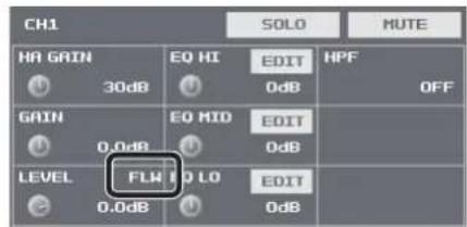 CH1 SOLO MUTE HA GAIN 30dB EQ HI EDIT HPF 0dB OFF GAIN 0.0dB EQ MID EDIT 0dB LEVEL FLW 0.0dB ELO EDIT 0dB