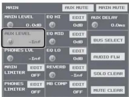 MAIN RUX LEVEL EQ HI EDIT AUX DELAY 0.0dB 0dB 0.0ms RUX LEVEL EQ MID EDIT BUS SELECT -Inf 0dB PHONES LVL EQ LO EDIT AUDIO FLW -Inf 0dB PHONES EDIT EDIT EDIT SOLO CLEAR LIMITER OFF -Inf -Inf PHONES EDIT MB COMP EDIT MUTE CLEAR OFF OFF