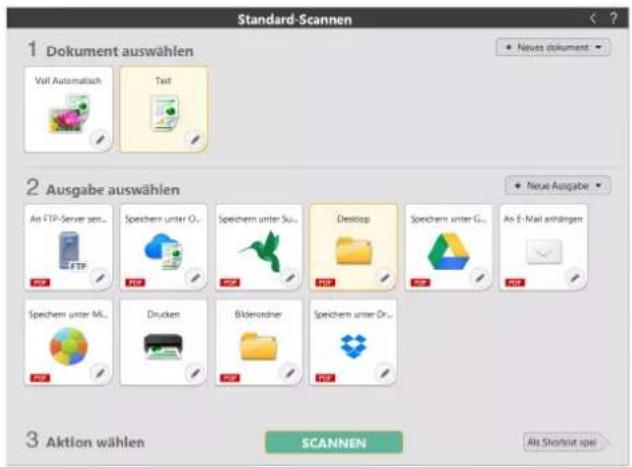 Standard-Scannen 1 Dokument auswählen Voll Automatisch Text 2 Ausgabe auswählen An FTP Server sen.. Speichem unter O.. Speichem unter Su.. Desktop Speichem unter G.. An E-Mail anhängen Speichem unter ML.. Drucken Bilderorder Speichem unter Dr.. 3 Aktion wählen SCANNEN Als Shortne spe