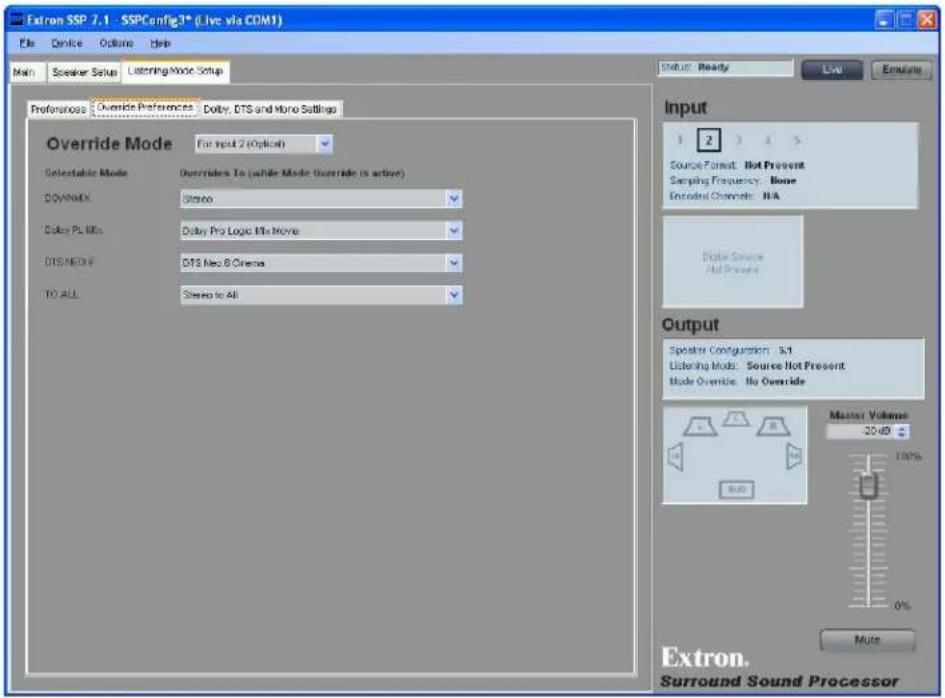 Extron SSP 7.1 - SSPConfig3* (Live via COM1) File Device Outline Help Main Speaker Setup Listening Mode Setup Preferences Override Preferences Dolby, DTS and Mono Settings Override Mode For Input 2 (Option) Selectable Mode Overrides To (while Mode Override is active) DOWNMAX Stereo Dolby PL Bits Dolby Pro Logic Mix Movie DISNEDIF DTS Nec 8 Cinema TO ALL Stereo to All Input Source Format: Hot Present Sampling Frequency: Noise Encoder Channels: N/A Display Source Hot Present Output Speaker Configuration: S/I Listening Mode: Source Hot Present Mode Override: No Override Master Volume 2049 100% More Extron. Surround Sound Processor