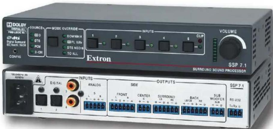 DOLBY DIGITAL EX-1 PRO LOGIC ME-1 dts Digital Surround ES: March 10/24 CONFIG SOURCE CDD DTS PCM 2-CN MODE OVERRIDE DOWN/MUX DPL LL/Ibs DTS NEO-S TO ALL INPUTS 1 2 3 4 5 CLIP Extron VOLUME SSP 7.1 SURROUND SOUND PROCESSOR 100-00V~ 8A 92/60Hz DIGITAL INPUTS ANALOG SIDE OUTPUTS FRONT CENTER SURROUND BACK SUB L+ - + - + L+ - + - + L+ - + - + L+ - + - + L+ - + - + L+ - + - + L+ - + - + RS-232 Tx/Rx = SSP 7.1