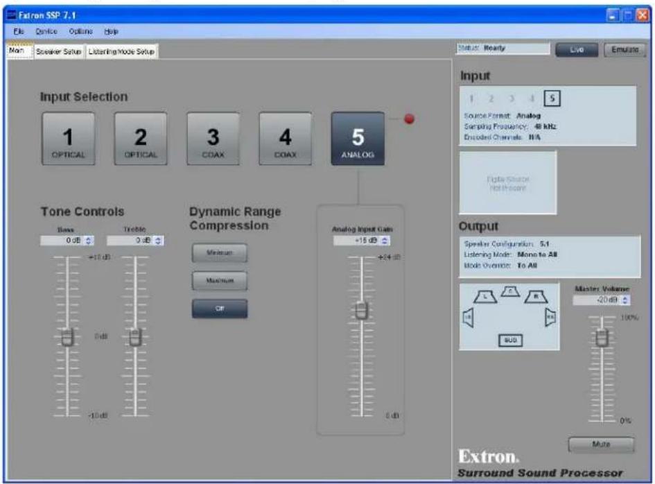 Extron SSP 7.1 File Device Options Help Main Speaker Setup Listening Mode Setup Input Selection 1 OPTICAL 2 OPTICAL 3 COAX 4 COAX 5 ANALOG Tone Controls Base Tangle 0 dB 0 dB +10 dB 0 dB -10 dB Dynamic Range Compression Minimum Maximum OFF Analog Input Gain +15 dB +24 dB 0 dB Output Speaker Configuration: 5.1 Listening Mode: Mono to All Mode Overlap: To All Master Volume <20 dB 100% BUD More Extron. Surround Sound Processor Status Ready Live Emulate Input 1 2 3 4 $5 Source Format: Analog Sampling Frequency: 48 kHz Decoded Channels: N/A Data Source: Health Score