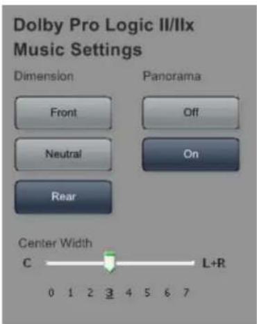 Dolby Pro Logic II/IIx Music Settings Dimension Panorama Front Off Neutral On Rear Center Width C L+R 0 1 2 3 4 5 6 7