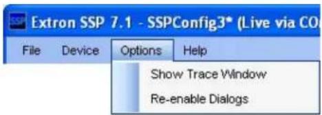 Extron SSP 7.1 - SSPConfig3* (Live via CO) File Device Options Help Show Trace Window Re-enable Dialogs