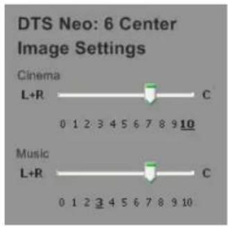DTS Neo: 6 Center Image Settings Cinema L+R C 0 1 2 3 4 5 6 7 8 9 10 Music L+R C 0 1 2 3 4 5 6 7 8 9 10