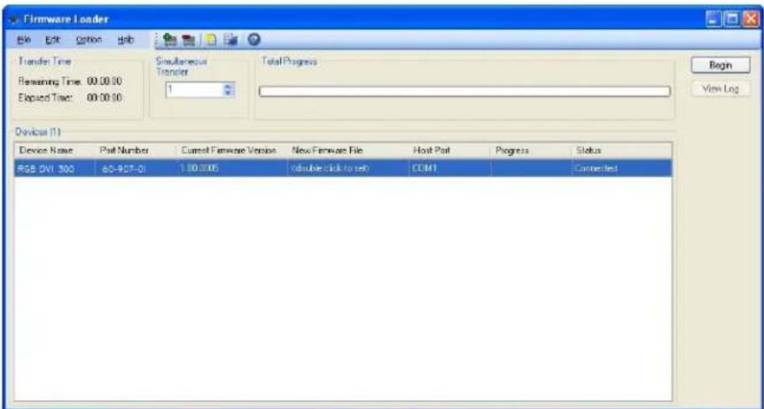 Firmware Loader File Edit Option Help Transfer Time Remaining Time: 00:00:00 Elapsed Time: 00:00:00 Simultaneous Transfer 1 Total Progress Begin View Log Device (1) Device Name Pat Number Current Firmware Version New Firmware File Host Pat Progress Status RGS DV1 300 60-907-01 1:00:005 double click to set COMI Connected