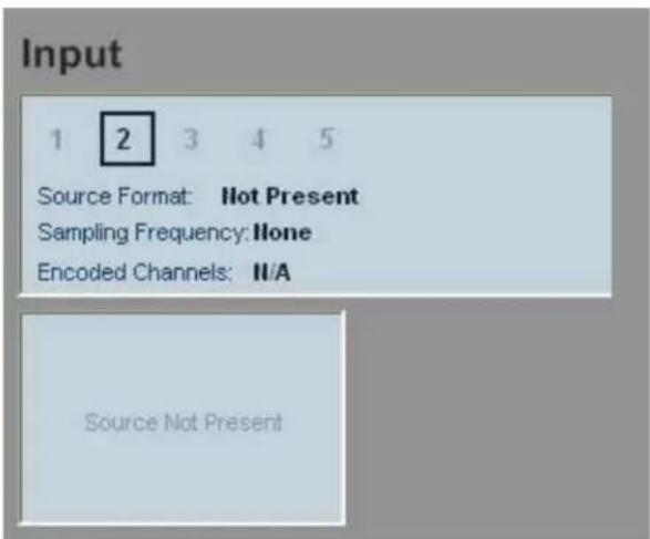 Input 1 2 3 4 5 Source Format: Hot Present Sampling Frequency: None Encoded Channels: II/A Source Not Present