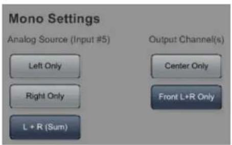 Mono Settings Analog Source (Input #5) Left Only Right Only L + R (Sum) Output Channel(s) Center Only Front L+R Only