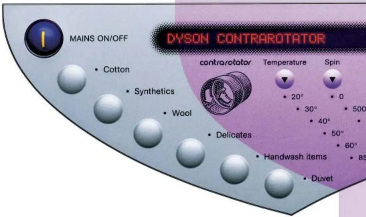 MAINS ON/OFF Cotton Synthetics Wool Delicates Handwash items Duvet DYSON CONTRAROTATOR contrarotator Temperature Spin 20° 30° 40° 50° 60° 85°