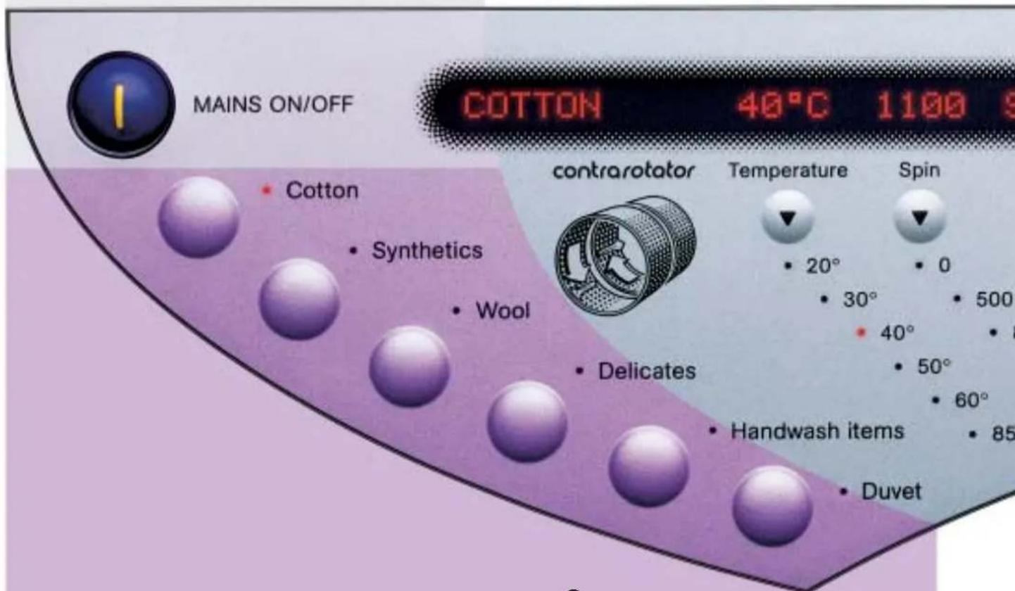 MAINS ON/OFF COTTON 40°C 1100 contrarotator Temperature Spin • Cotton • Synthetics • Wool • Delicates • Handwash items • 85 • Duvet