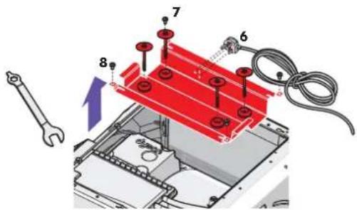 Technical diagram of a mechanical assembly with numbered components and a wrench indicating tool direction