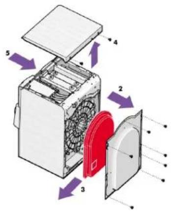 Technical diagram of a device with numbered components and directional arrows indicating flow or assembly.