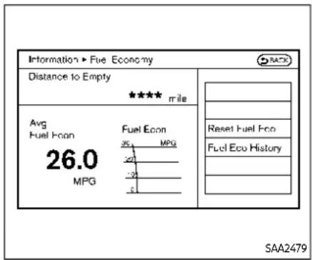 Information ► Fuel Economy Distance to Empty **** mile Avg Fuel Icon 26.0 MPG Fuel Econ 35 MPG 20 20 2 Reset Fuel Eco Fuel Eco History SAA2479