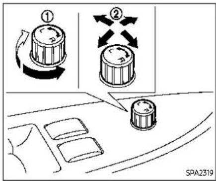 Diagram showing two rotary knob positions (① and ②) with directional arrows indicating rotation and movement, alongside a car interior view labeled SPA2319.