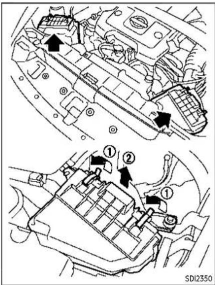 Technical diagram showing engine compartment with numbered parts and directional arrows indicating assembly or maintenance.