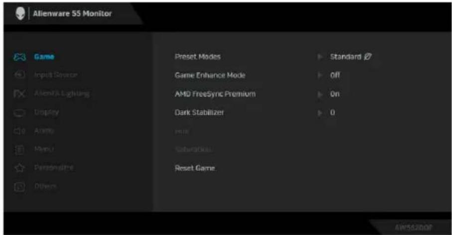 Alienware 55 Monitor Game Input Source Alien4 & Lighting Display Agrico Menu1 Personalize Others Preset Modes Game Enhance Mode AMD FreeSync Premium Dark Stabilizer PUB Saturation Reset Game Standard Off On 0 AW56200F