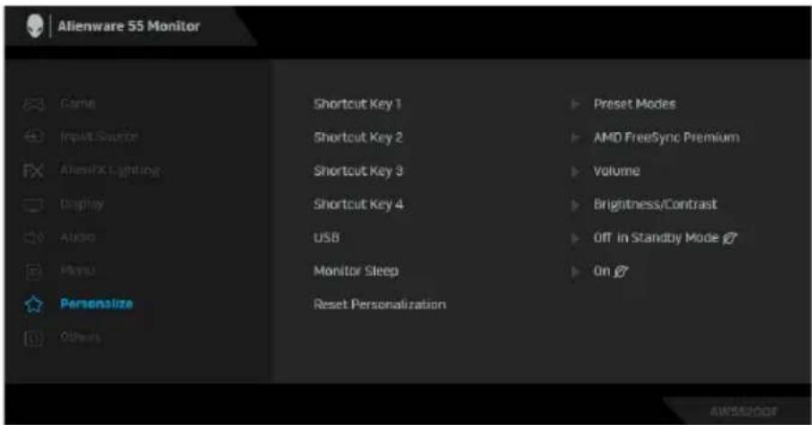 Alienware 55 Monitor Game Input Source AlexFX Lighting Display Audio Menu Personalize Others Shortcut Key 1 Shortcut Key 2 Shortcut Key 3 Shortcut Key 4 USB Monitor Sleep Reset Personalization Preset Modes AMD FreeSync Premium Volume Brightness/Contrast Off in Standby Mode On