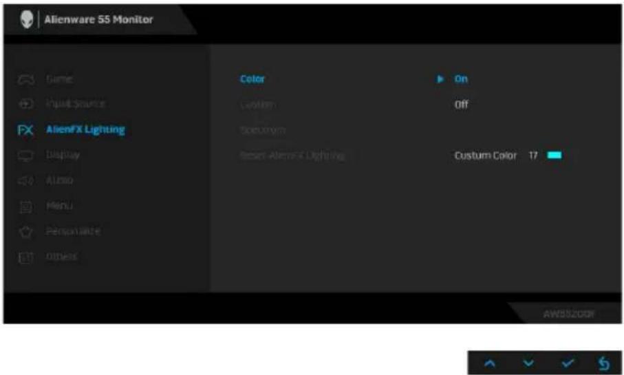 Alienware 55 Monitor Game Input Source FX AlienFX Lighting Display Audio Menu Personalize Others Color Locking Screen Reset AlienFX Lighting On Off Custom Color 17 AWS3200F
