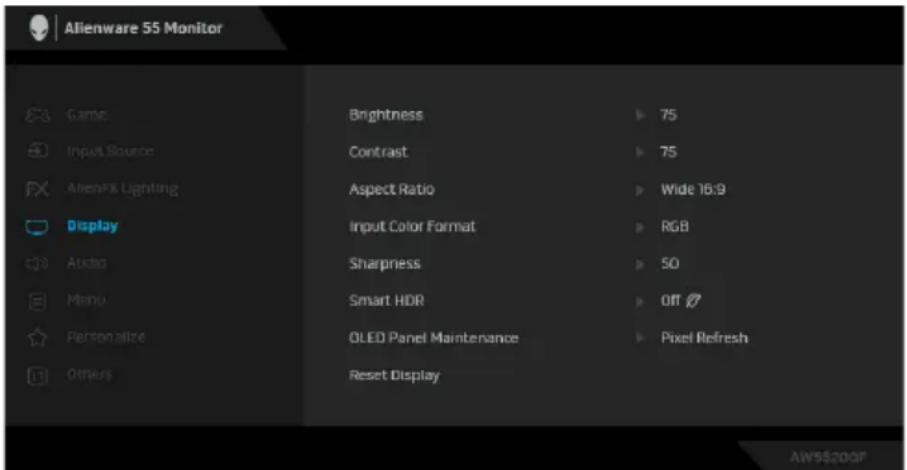 Alienware 55 Monitor Game Input Source AlienFX Lighting Display Audio Menu Personalize Others Brightness Contrast Aspect Ratio Input Color Format Sharpness Smart HDR OLED Panel Maintenance Reset Display 75 75 Wide 16:9 RGB 50 Off Pixel Refresh AWS$200F