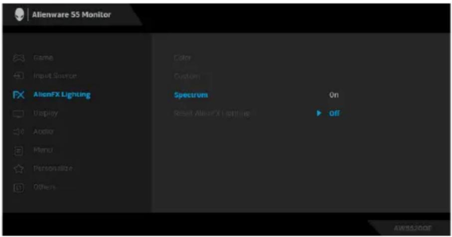 Alienware 55 Monitor Game Input Source AlienFX Lighting Display Accessor Menu Personalize Others Color Custom Spectrum On Reset AlienFX Lighting ▶ off AW55200F