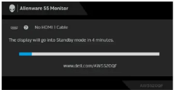 Alienware 55 Monitor No HDMI 1 Cable The display will go into Standby mode in 4 minutes. www.dell.com/AW5520QF AW5520QF