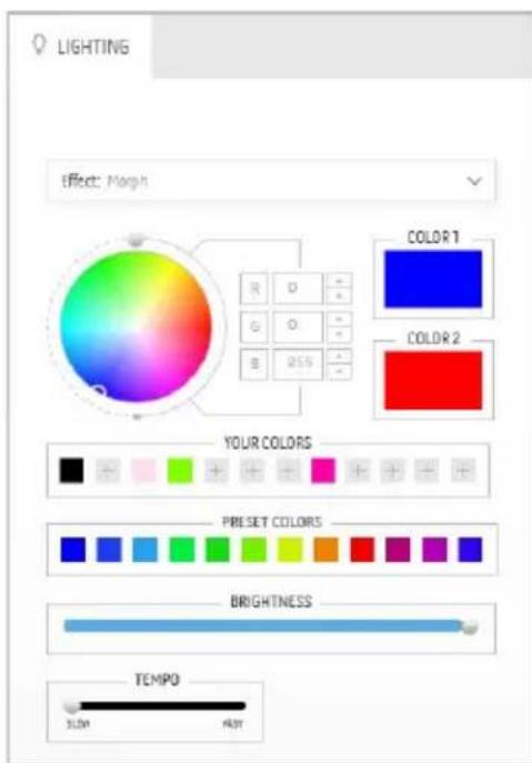 LIGHTING Effect: Morph COLOR 1 R D G O B 255 COLOR 2 YOUR COLORS PRESET COLORS BRIGHTNESS TEMPO 3.0M HIGH