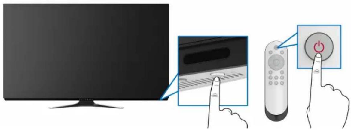 Illustration showing a monitor connected to a remote control panel with a power button, accompanied by a close-up of the screen interface.
