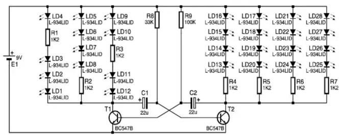 9V E1 LD4 L-934LID LD5 L-934LID LD6 L-934LID LD7 L-934LID LD8 L-934LID LD11 L-934LID LD12 L-934LID R1 1K2 R2 1K2 R3 1K2 R4 1K2 R5 1K2 R6 1K2 R7 1K2 T1 BC547B C1 22u C2 22u T2 BC547B R8 33K R9 100K LD16 L-934LID LD15 L-934LID LD14 L-934LID LD13 L-934LID LD12 L-934LID LD11 L-934LID LD8 L-934LID LD7 L-…