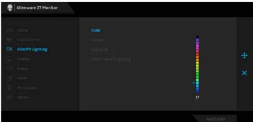 Alienware 27 Monitor Name Input Source AlienFX Lighting Display Audio Radio Photo Other Color System Spectrum Heart AlienFX Lighting 17 AMZT2019