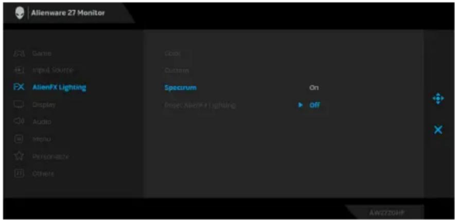 Alienware 27 Monitor Game Input Source AlienFX Lighting Display Audio Menu Personatze Others Color Customs Spectrum On Onset AlienFX Lighting off AIWZZ0HF