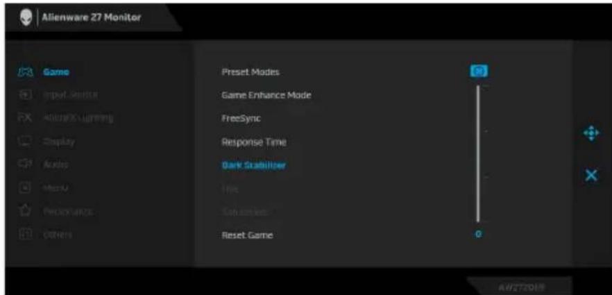 Alienware 27 Monitor Game Input Settings ActionFX Upgrade Display Audio Menu Performance Others Preset Modes Game Enhance Mode FreeSync Response Time Dark Stabilizer Line Conversion Reset Game 0 AWZ/2019