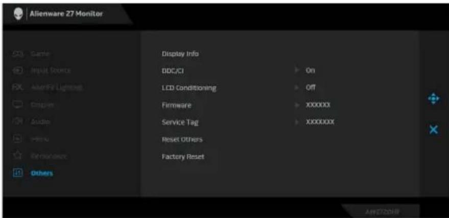 Alienware 27 Monitor Display Info DDC/CI LCD Conditioning Firmware Service Tag Reset Others Factory Reset