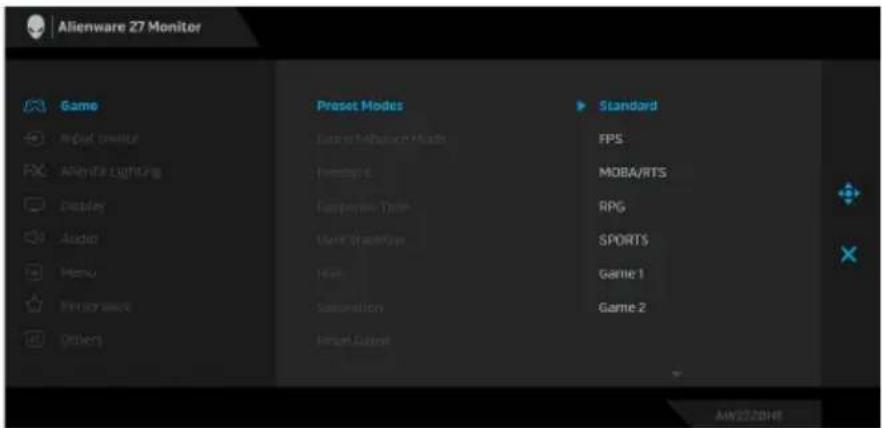 Alienware 27 Monitor Game Mood choice RX: Alluvia Lighting Disorder Audio Menu Preview mode Others Preset Modes Extra Mission Mode Inception Performance Type User Master/Max High Saturation Noted Dataset Standard FPS MOBA/RTS RPG SPORTS Game 1 Game 2 AIW2020HR