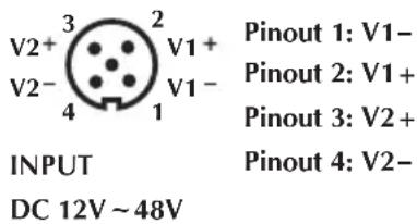 V2+ 3 V1+ Pinout 1: V1- V2- 4 V1- Pinout 2: V1+ Pinout 3: V2+ INPUT DC 12V ~ 48V Pinout 4: V2-