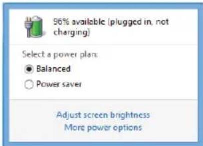 96% available (plugged in, not charging) Select a power plan: ● Balanced ○ Power saver Adjust screen brightness More power options