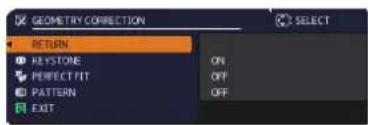 GEOMETRY CORRECTION RETURN KEystone PERFECT FIT PATTERN EXIT ON OFF OFF SELECT