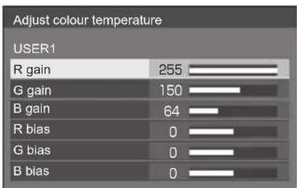 Adjust colour temperature USER1 R gain 255 G gain 150 B gain 64 R bias 0 G bias 0 B bias 0