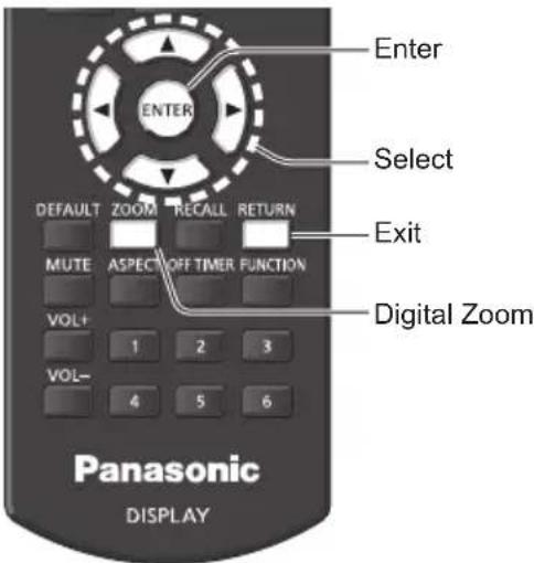 Enter Select Default ZOOM RECALL RETURN MUTE ASPECT OFF TIMER FUNCTION VOL+ 1 2 3 VOL- 4 5 6 Digital Zoom Panasonic DISPLAY