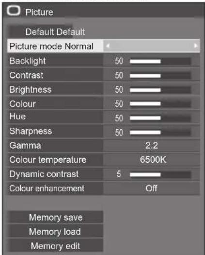 Picture Default Default Picture mode Normal Backlight 50 Contrast 50 Brightness 50 Colour 50 Hue 50 Sharpness 50 Gamma 2.2 Colour temperature 6500K Dynamic contrast 5 Colour enhancement Off Memory save Memory load Memory edit