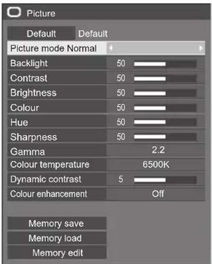 Picture Default Default Picture mode Normal Backlight 50 Contrast 50 Brightness 50 Colour 50 Hue 50 Sharpness 50 Gamma 2.2 Colour temperature 6500K Dynamic contrast 5 Colour enhancement Off Memory save Memory load Memory edit
