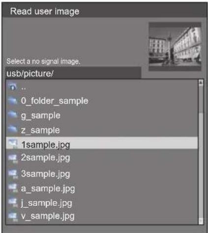 Read user image Select a no signal image. usb/picture/ 0_folder_sample g_sample z_sample 1sample.jpg 2sample.jpg 3sample.jpg a_sample.jpg j_sample.jpg v_sample.jpg