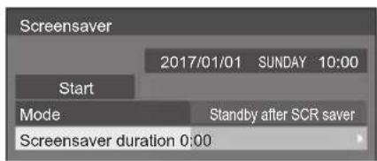 Screensaver 2017/01/01 SUNDAY 10:00 Start Mode Standby after SCR saver Screensaver duration 0:00