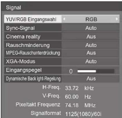 Signal YUV/RGB Eingangswahl Sync-Signal Cinema reality Rauschminderung MPEG-Rauschunterdrückung XGA-Modus Eingangspegel 0 Dynamische Backlight-Regelung H-Freq. 33.72 kHz V-Freq. 60.00 Hz Pixelakt Frequenz 74.18 MHz Signalformat 1125(1080)/60i