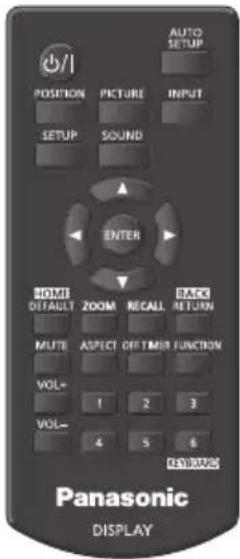 Position SETUP PICTURE SOUND INPUT AUTO SETUP ENTER HOME DEFAULT ZOOM RECALL BACK RETURN MUTE ASPECT OFF TIMER FUNCTION VOL- 1 2 3 VOL- 4 5 6 FEATURES Panasonic DISPLAY